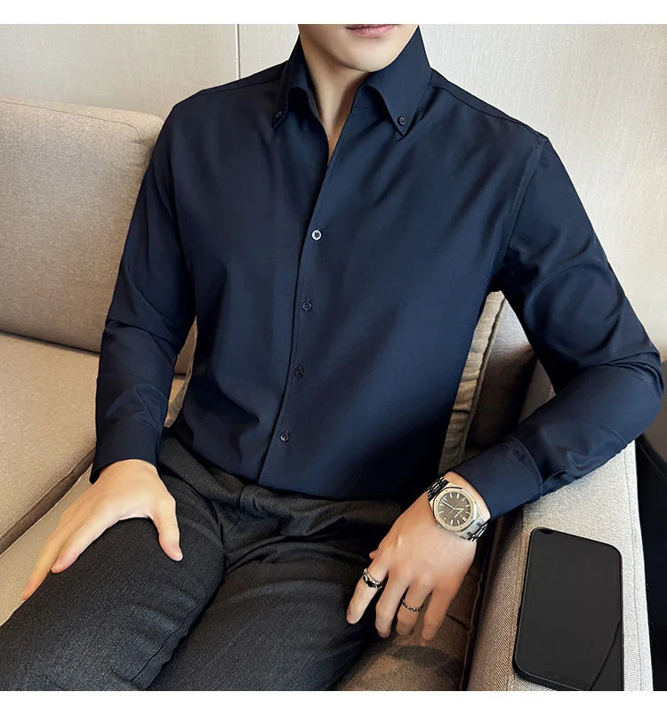 Men Dress Shirt 2025 Autumn British Style Solid Casual Slim Fit