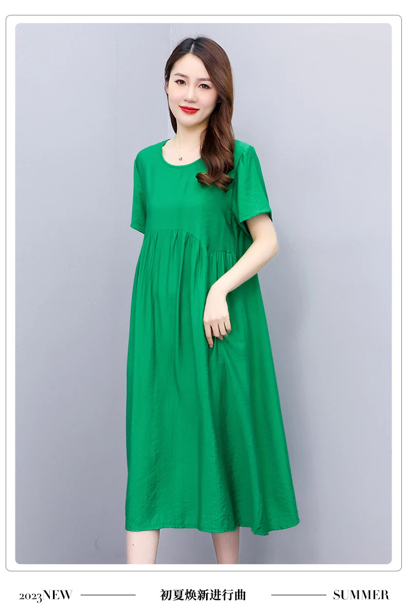 Vintage Elegant Short Sleeve Solid Women Dress O-Neck Dresses