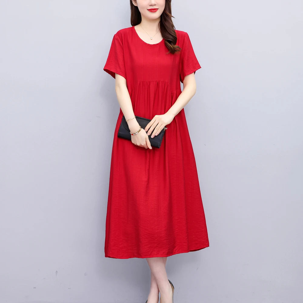 Vintage Elegant Short Sleeve Solid Women Dress O-Neck Dresses