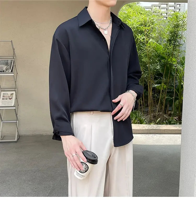 Men's Clothing Gray Chiffon Shirt Spring Fall Korean Style Loose Fit
