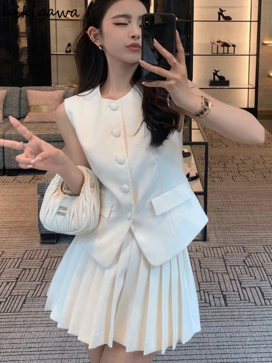 Two Piece Set Sleeveless Tunic Vest Coat High Waist Pleated Mini Skirts Outfits