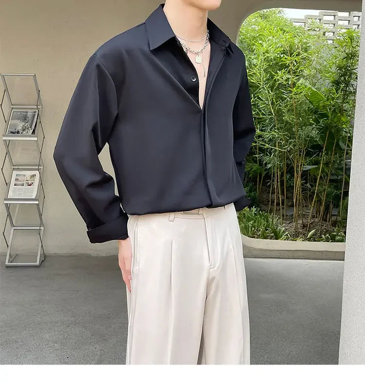 Men's Clothing Gray Chiffon Shirt Spring Fall Korean Style Loose Fit