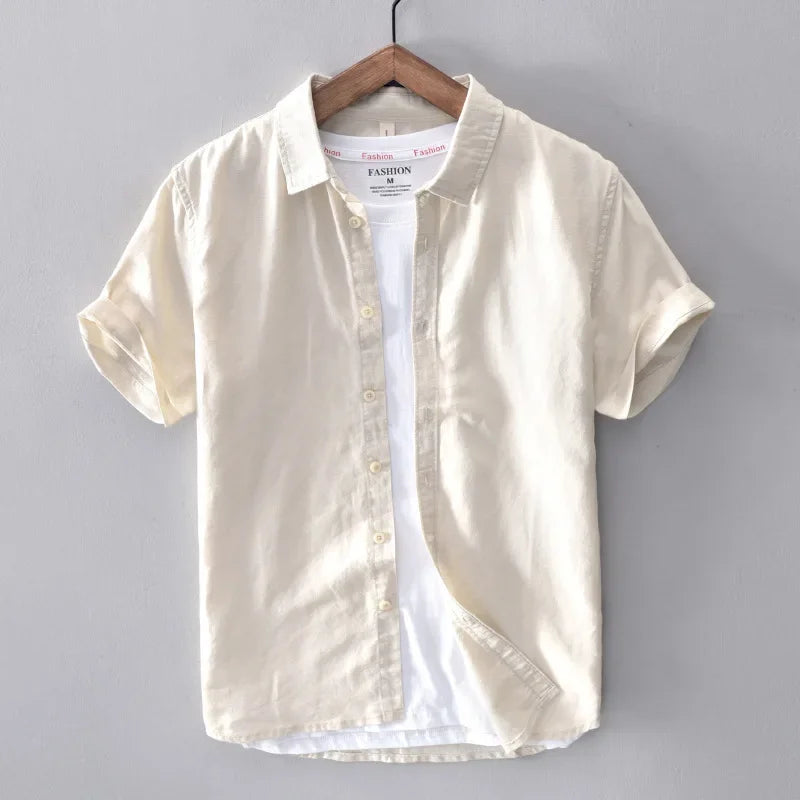 Cotton Linen Short Sleeve Shirts For Men Casual Fashion Yellow Turn Down