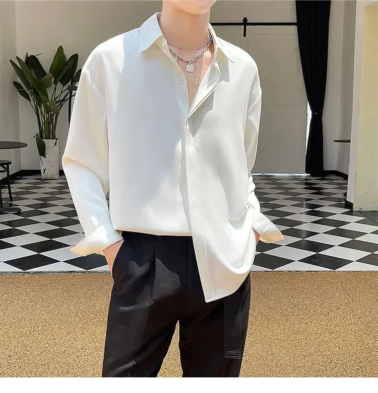 Men's Clothing Gray Chiffon Shirt Spring Fall Korean Style Loose Fit