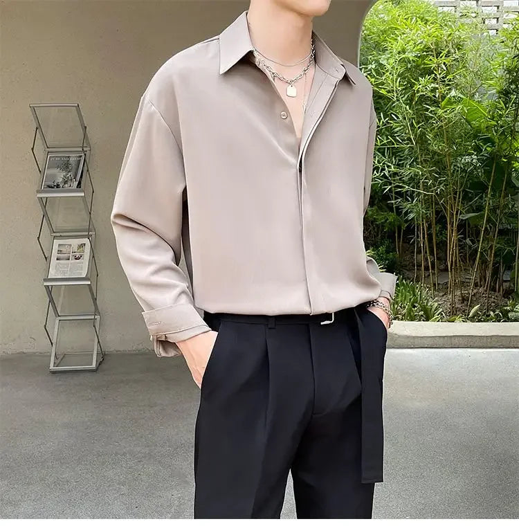 Men's Clothing Gray Chiffon Shirt Spring Fall Korean Style Loose Fit