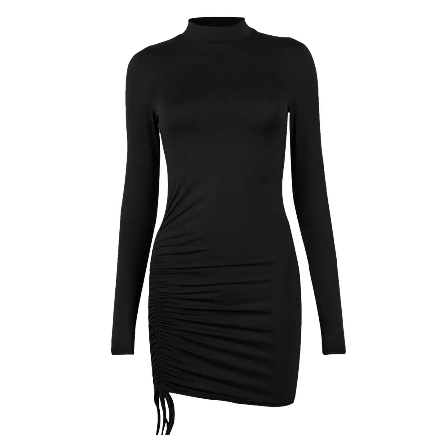 Dress Long Sleeve Solid Color Drawstring O-Neck