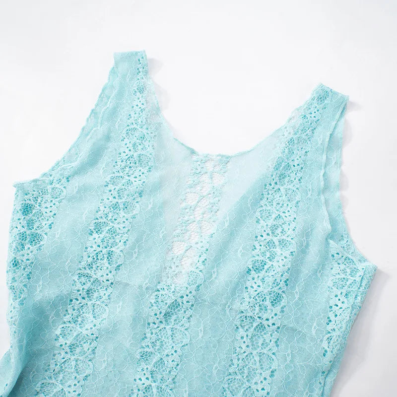 Sexy Deep V-neck See-through Sleeveless Blue T Shirt