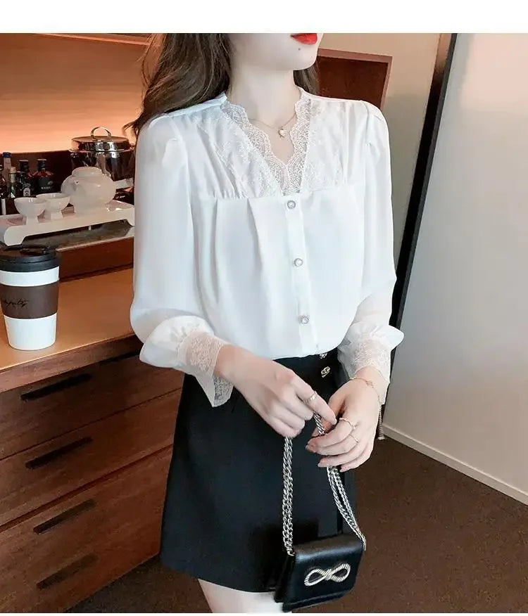 White Chiffon Blouse Spring New V-Neck