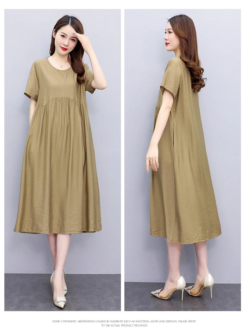 Vintage Elegant Short Sleeve Solid Women Dress O-Neck Dresses