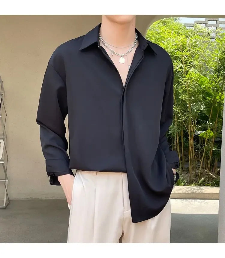 Men's Clothing Gray Chiffon Shirt Spring Fall Korean Style Loose Fit