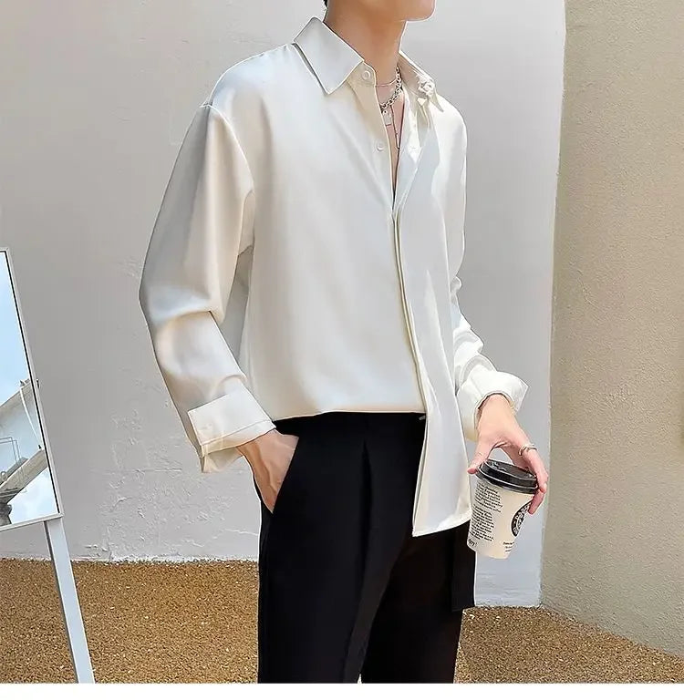 Men's Clothing Gray Chiffon Shirt Spring Fall Korean Style Loose Fit