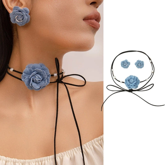 Lace-up Rope Chain Necklace Blue Fabric Flower Choker Necklace Earrings Set