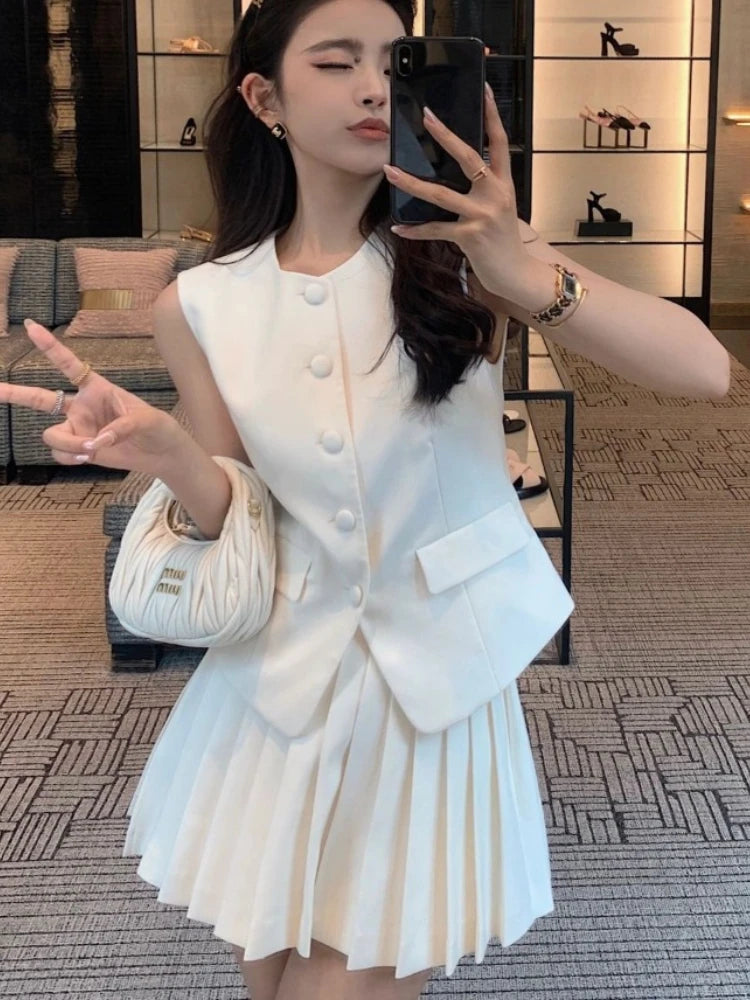 Two Piece Set Sleeveless Tunic Vest Coat High Waist Pleated Mini Skirts Outfits