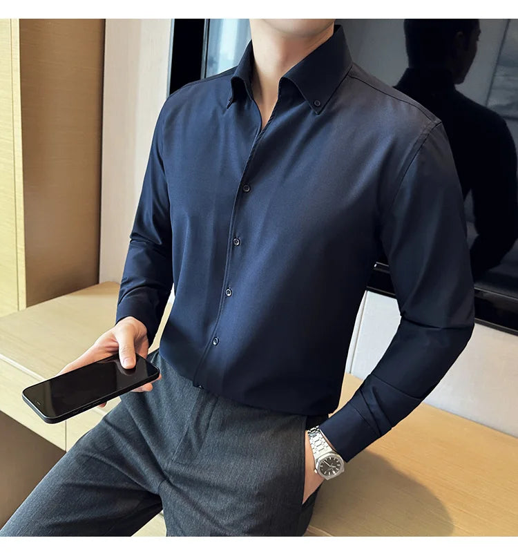 Men Dress Shirt 2025 Autumn British Style Solid Casual Slim Fit