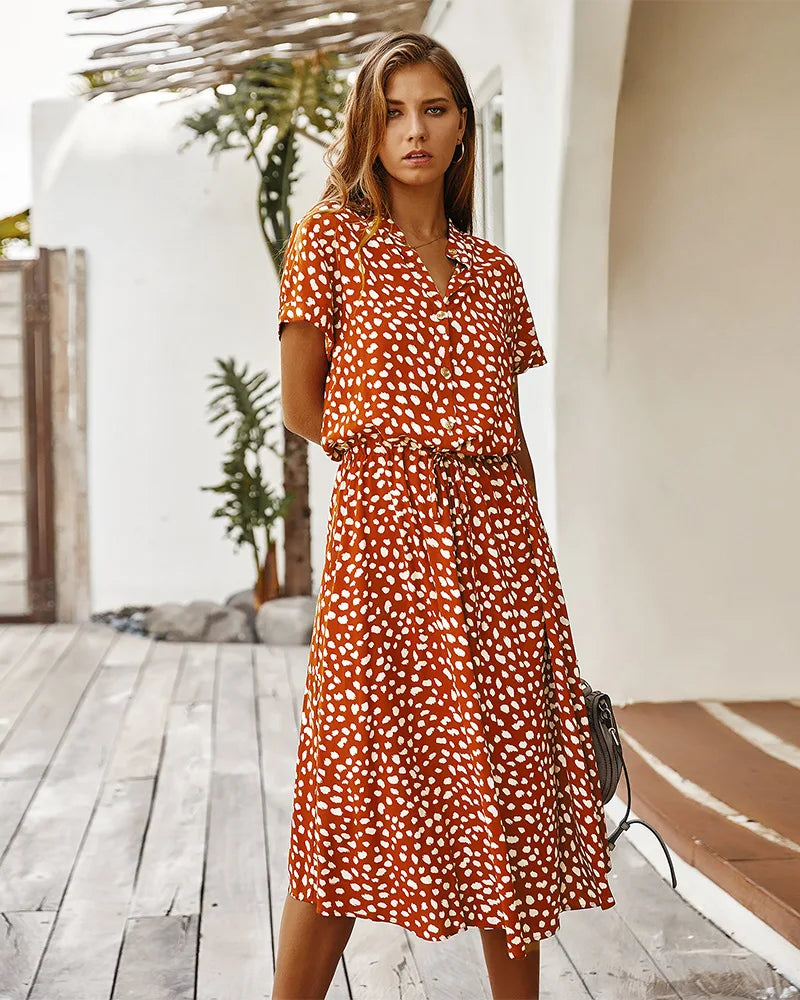 Vintage Floral Print Dress Boho Short Sleeve Long Dress Turn Down