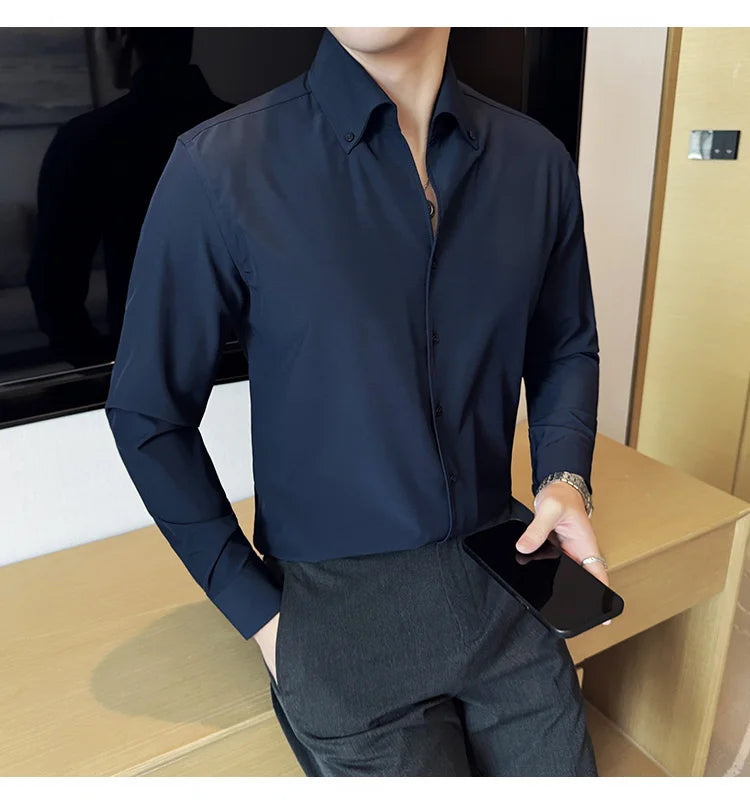 Men Dress Shirt 2025 Autumn British Style Solid Casual Slim Fit