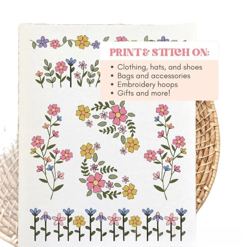 Hand Sewing Self Adhesive Water Soluble Washable Stabilizer with Pre-Printed Flowers Graphic for Beginner Embroidery Hand Sewing
