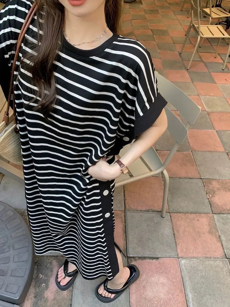 Casual Button Split Striped Dresses Short Sleeve Summer