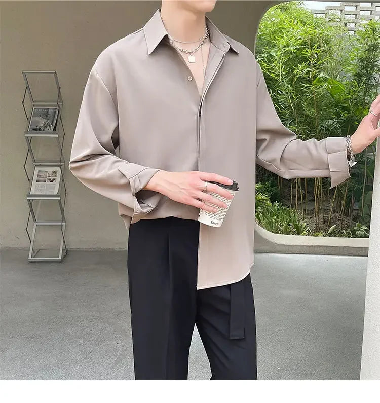 Men's Clothing Gray Chiffon Shirt Spring Fall Korean Style Loose Fit