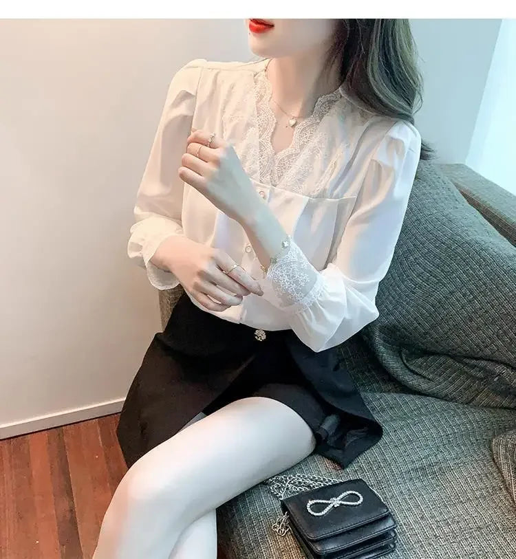 White Chiffon Blouse Spring New V-Neck Lace