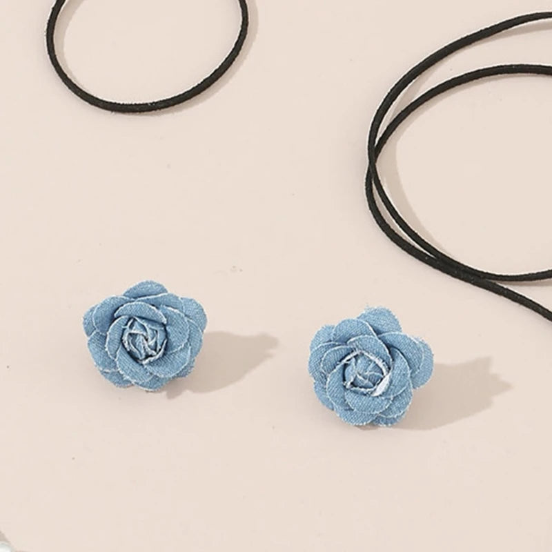 Lace-up Rope Chain Necklace Blue Fabric Flower Choker Necklace Earrings Set