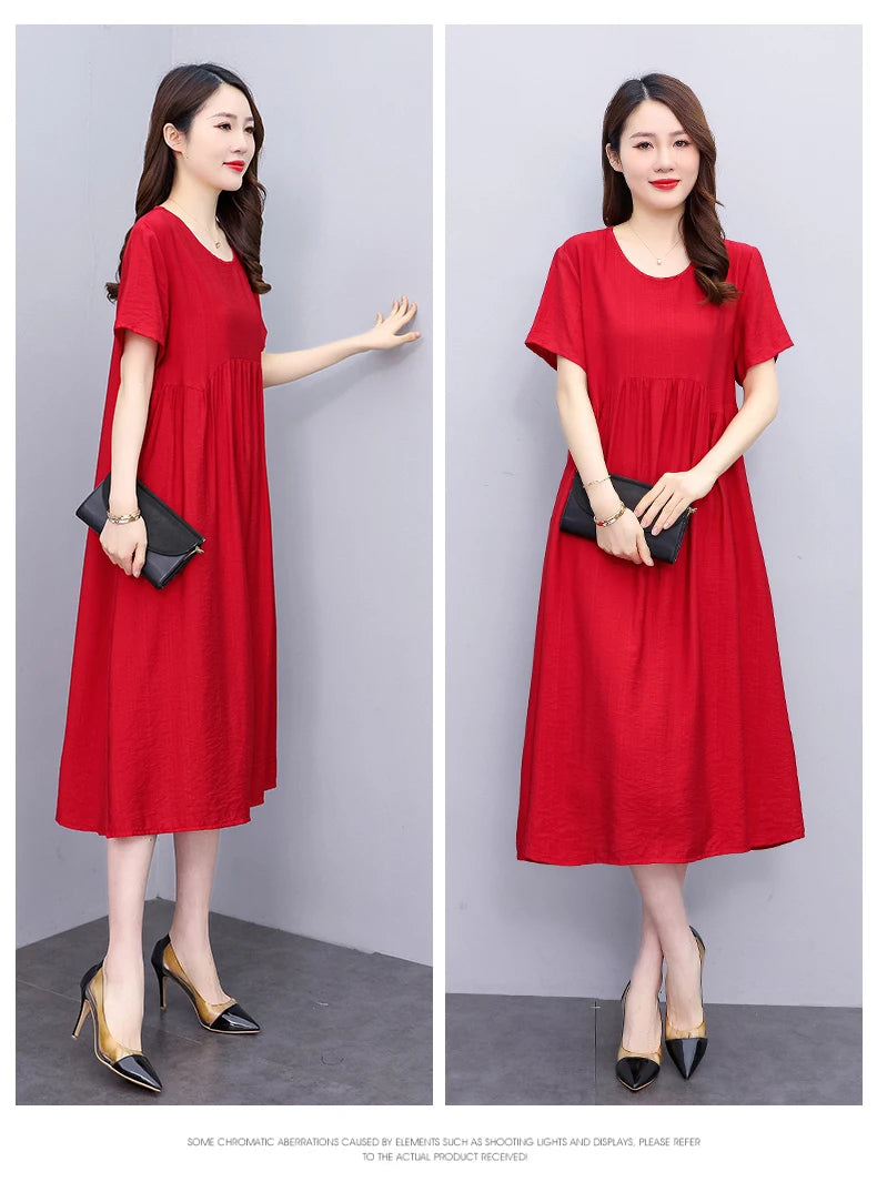 Vintage Elegant Short Sleeve Solid Women Dress O-Neck Dresses
