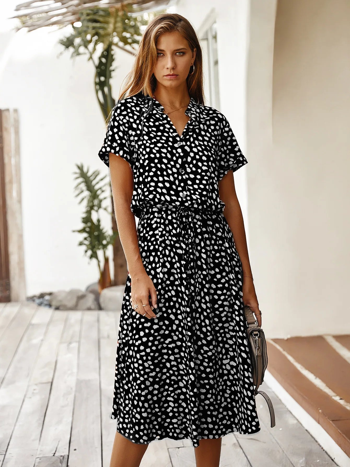 Vintage Floral Print Dress Boho Short Sleeve Long Dress Turn Down