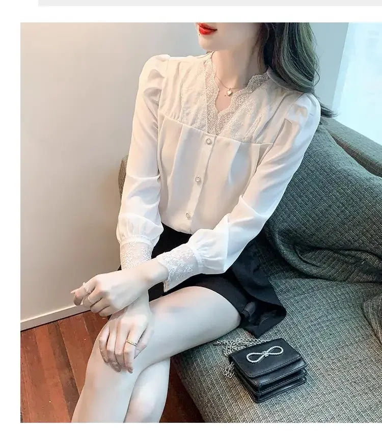 White Chiffon Blouse Spring New V-Neck