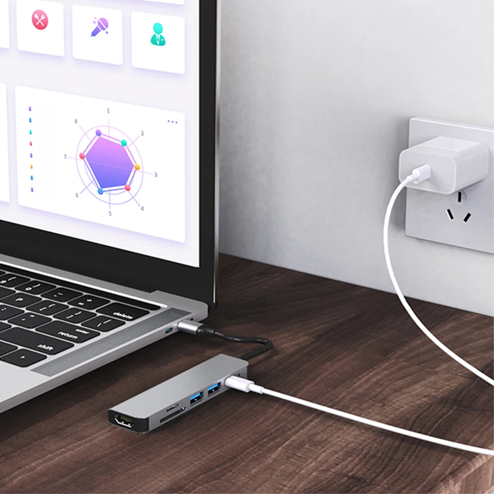 6 in 1 USB C Hub 100W PD 4K HDMI-Compatible USB C Multi-Port Adapter