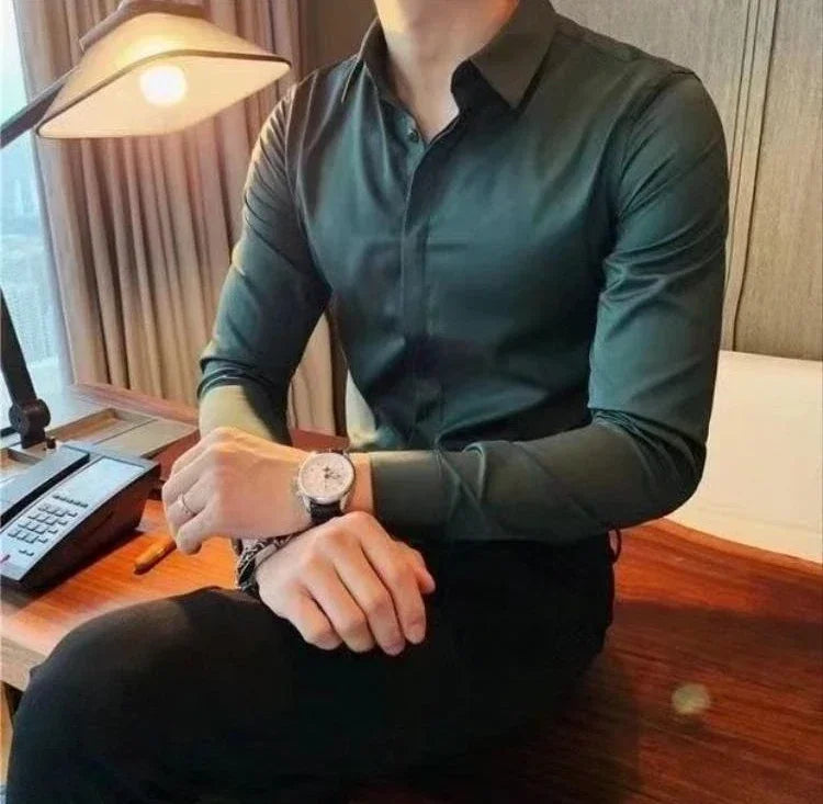 Men's Shirt And Blouse Business Green Long Sleeve Male Top Plain