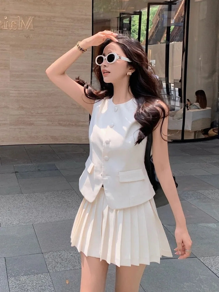 Two Piece Set Sleeveless Tunic Vest Coat High Waist Pleated Mini Skirts Outfits