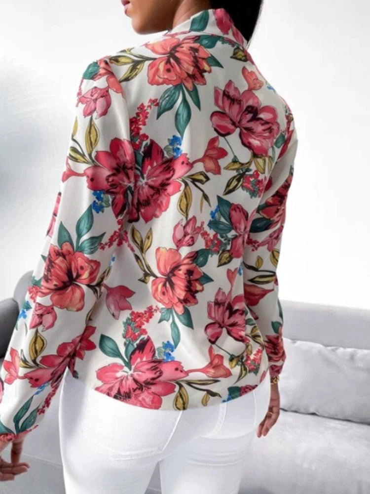 Women's Fashion Work Clothes Floral Print Bow Tie Shirt Fashion