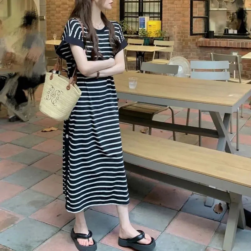Casual Button Split Striped Dresses Short Sleeve Summer