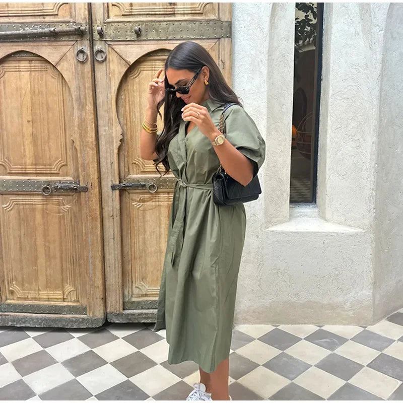 Lace Up Dress Single-Breasted Turn-Down Collar Short Sleeve