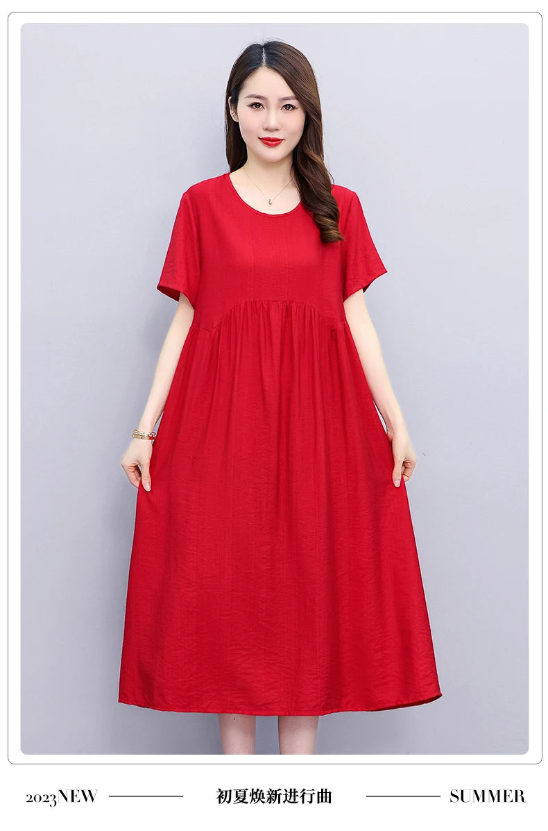 Vintage Elegant Short Sleeve Solid Women Dress O-Neck Dresses