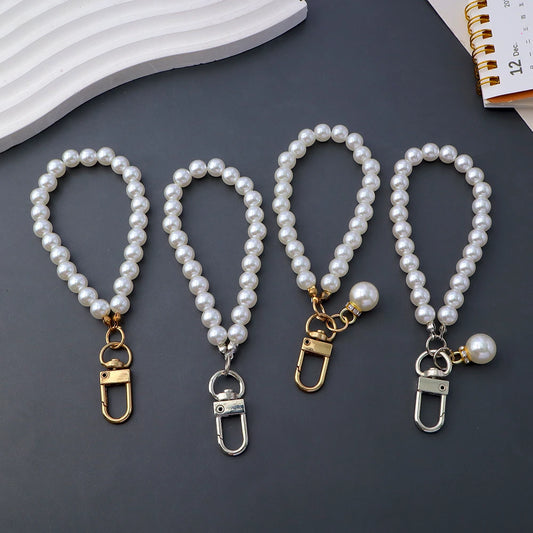 Classic Imitation Pearl Chain With Keyring Women Girls Anti-Loss Beaded