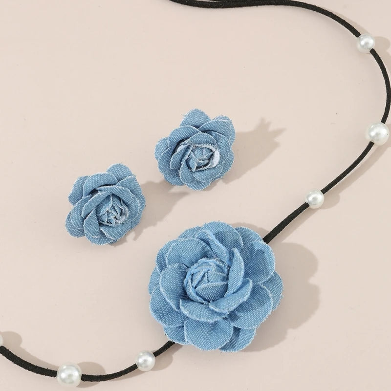 Lace-up Rope Chain Necklace Blue Fabric Flower Choker Necklace Earrings Set