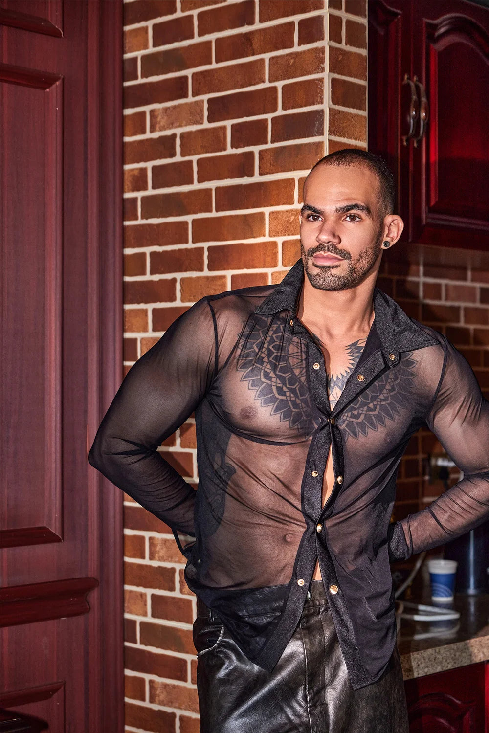 Sexy Men Thin Sheer See Through Shirt Soft Breathable Top Short