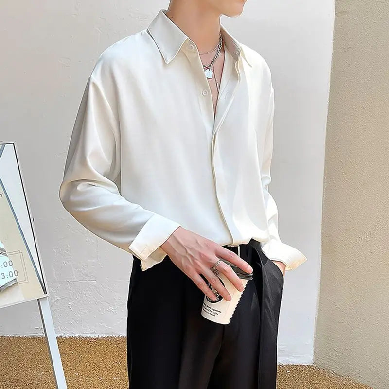 Men's Clothing Gray Chiffon Shirt Spring Fall Korean Style Loose Fit