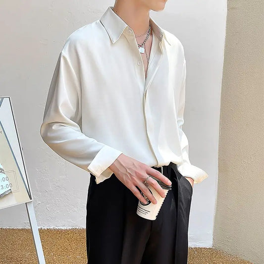 Men's Clothing Gray Chiffon Shirt Spring Fall Korean Style Loose Fit