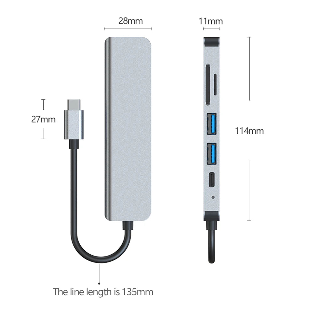 6 in 1 USB C Hub 100W PD 4K HDMI-Compatible USB C Multi-Port Adapter