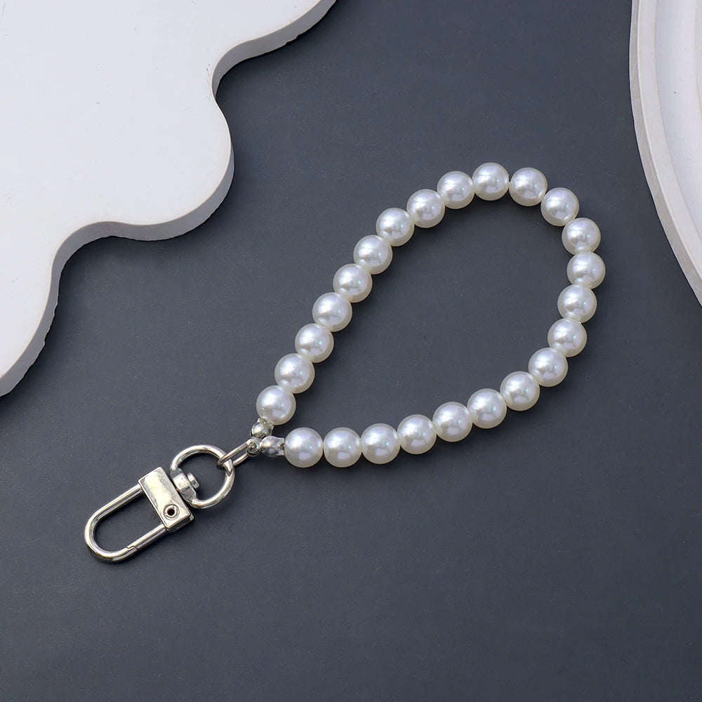 Classic Imitation Pearl Chain With Keyring Women Girls Anti-Loss Beaded