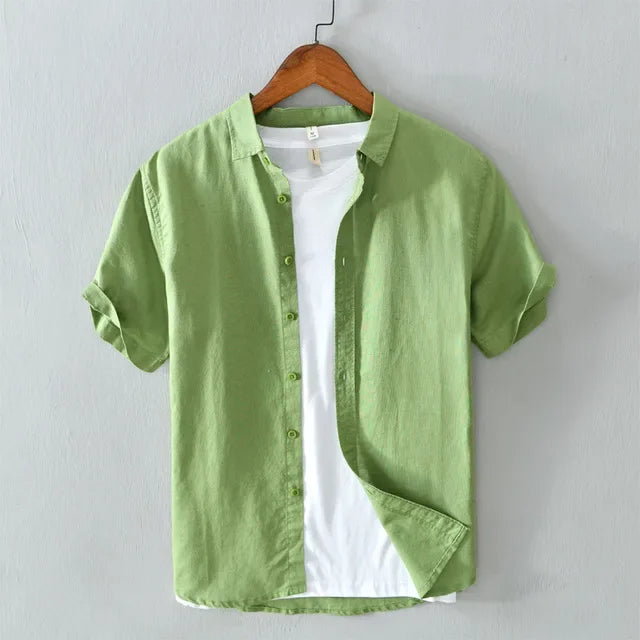 Cotton Linen Short Sleeve Shirts For Men Casual Fashion Yellow Turn Down