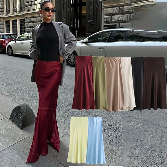 Vintage Satin Solid Long Skirt