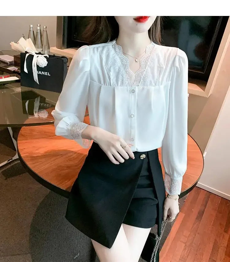 White Chiffon Blouse Spring New V-Neck Lace