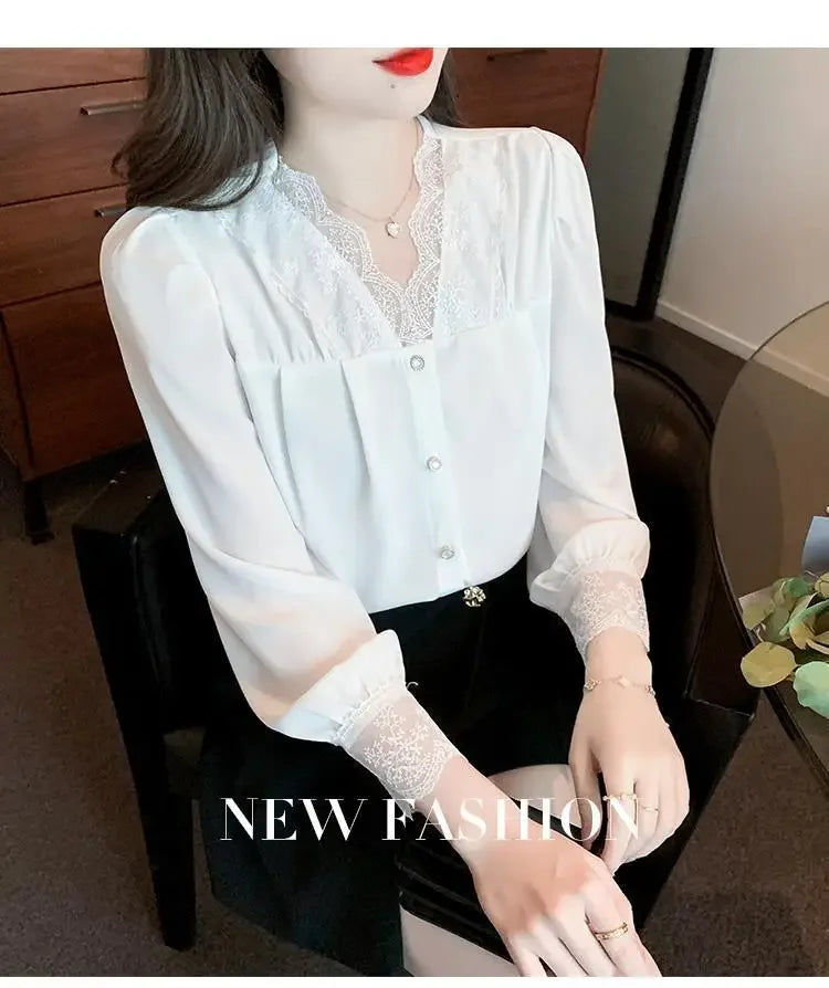 White Chiffon Blouse Spring New V-Neck Lace