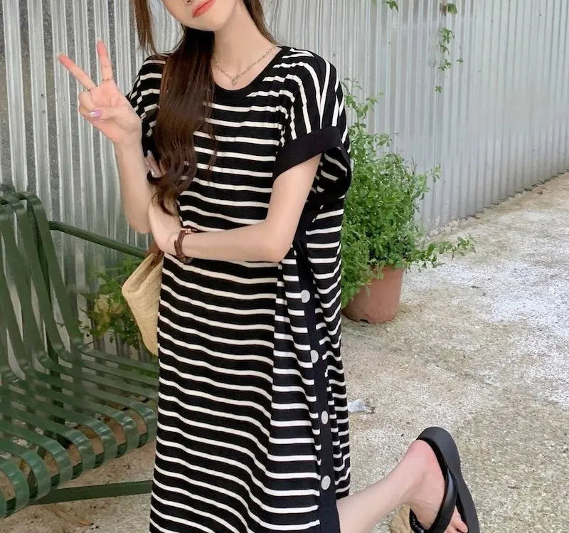 Casual Button Split Striped Dresses Short Sleeve Summer
