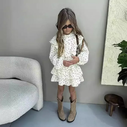 Girl's Dress Autumn Floral Lace Shirt+Cake Skirt Two-piece Set