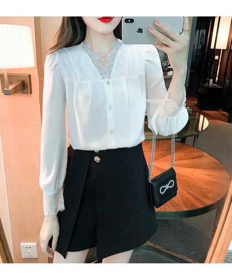 White Chiffon Blouse Spring New V-Neck