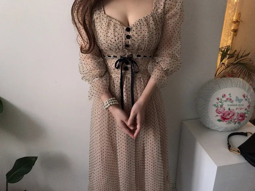 Vintage Dress Elegant Square Neck High
